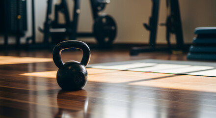 Fitness and wellness concept with a kettlebell weight on a reflective wood floor in a bright health club