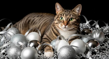 Festive feline joy: a striped cat amidst silver christmas decorations creating a holiday spirit