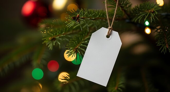 Blank gift tag hangs on christmas tree branch with colorful lights creating a festive holiday scene, perfect for adding a personalized message.