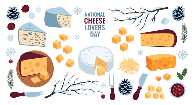 A vibrant illustration celebrating National Cheese Lovers Day with various cheeses and winter elements, including snowflakes and pinecones. - Powered by Adobe