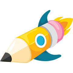 Cartoon Rocket Pencil Illustration With Flames And Fins Against A White Background And Transparent Space