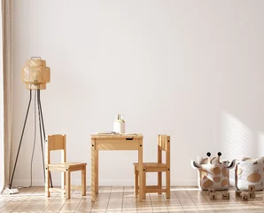 Fotobehang Sportwinkel Blank wall mockup in children's playroom, minimalist interior with natural wooden desk and chairs, 3D render  © artjafara