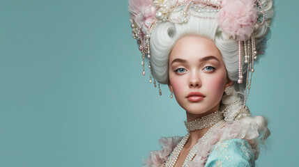 Elegant woman with powdered coiffure decorated with pearls and lace, turquoise background, royal femininity and aristocratic luxury fashion concept, place for text, copy space