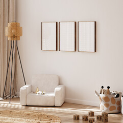 Cozy beige children bedroom interior, frame mockup, 3D render