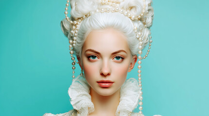 Graceful woman in Victorian lace gown with pearls and soft bun against pastel blue background, vintage beauty, femininity and historical fashion concept