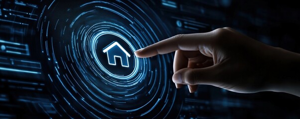 Human hand interacting with a glowing home icon on a digital touchscreen, symbolizing smart home technology and IoT