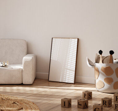 Cozy beige children bedroom interior, frame mockup, 3D render