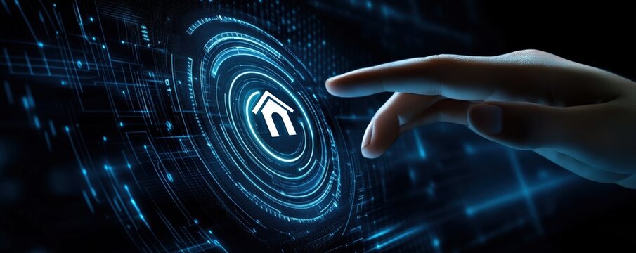 Human hand interacting with a glowing futuristic interface, activating smart home technology and Internet of Things security