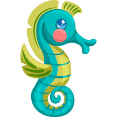 Cartoon Seahorse With Blue Eyes And Pink Cheeks In Turquoise And Yellow Standing On White Background