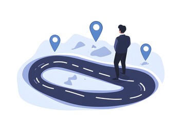 Man on curvy road with blue map markers representing direction and progress