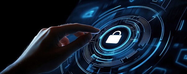 Hand touching virtual screen, activating a digital padlock icon for data protection and online security on a dark background