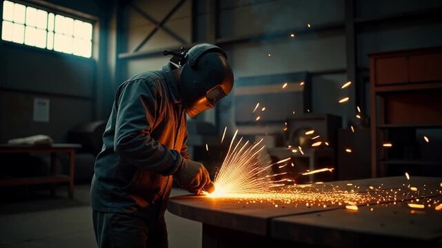 Dedicated welder crafts metal with vibrant sparks flying in a dimly lit, industrial workshop, showcasing skilled labor and manufacturing processes.