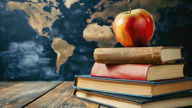 Apple on top of stack books against world map background