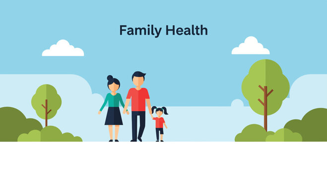 Happy family walks together in a park surrounded by trees and blue sky, enjoying a healthy lifestyle and togetherness on a bright sunny day.