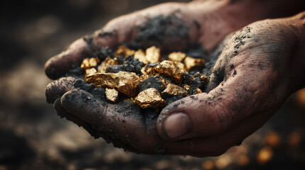 Hands holding raw golden nuggets covered with soil, symbol of wealth, mining and natural resources concept