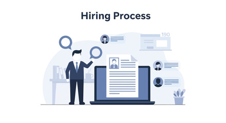 Businessman analyzing resume on laptop during hiring process in modern office, showcasing talent acquisition and recruitment strategy.