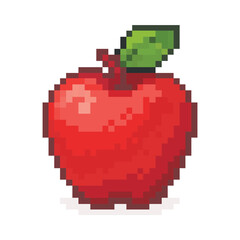 Pixel Art Red Apple with Green Leaf Icon Vector Illustration
