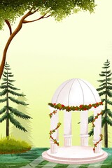 A green pine forest backdrop with a gazebo decorated with roses, the ideal background for wedding invitations. 