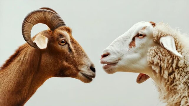Brown goat and white sheep facing each other against neutral background