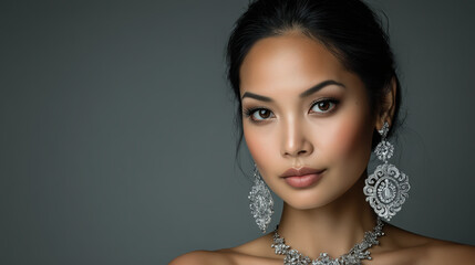 Asian woman with silver earrings and necklace, plain grey background, elegance, beauty and modern luxury jewelry concept, place for text, copy space