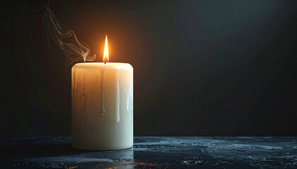 Realistic close-up of a candle flame flickering in dark room, smoke visible, ultra-detailed 8K realism, minimal composition
