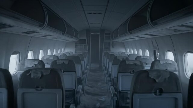 Dilapidated interior of abandoned airplane with seats and broken windows. Plane wreck inside with damage and destruction.  Post-apocalyptic scene, disaster, abandoned airplane.