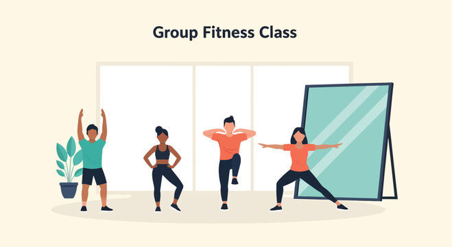 People exercising in group fitness class at gym, performing various exercises with enthusiasm and energy, promoting healthy lifestyle.