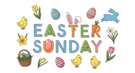 Easter sunday lettering with eggs, flowers, bunny, and chick isolated on white background