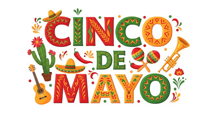 Cinco de mayo lettering isolated on white background mexican holiday with guitar, maraca and trumpet