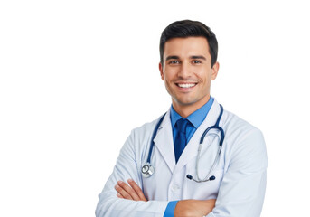 Fototapeta premium Smiling male doctor wearing white coat and stethoscope isolated on transparent background