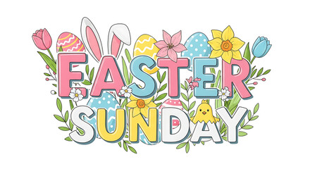 Easter sunday lettering isolated on white background spring holiday with egg, bunny and flower