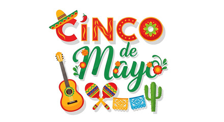 Cinco de mayo vector illustration with guitar, maracas, sombrero and cactus isolated on white background