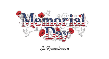 Memorial day typography with red and blue colors and poppies isolated on white background