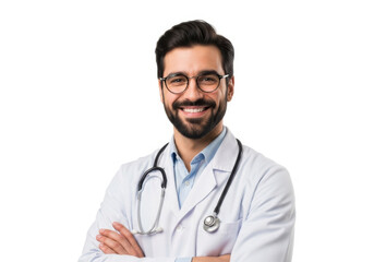 Fototapeta premium Smiling doctor wearing glasses and stethoscope isolated on transparent background