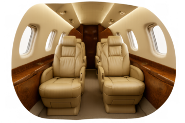 Private jet cabin interior showcasing luxury beige leather seats and wooden accents for executive travel and business flights