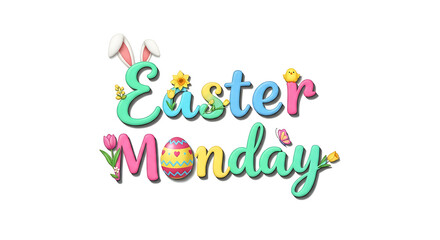 Easter monday lettering with bunny ears and flowers isolated on white background