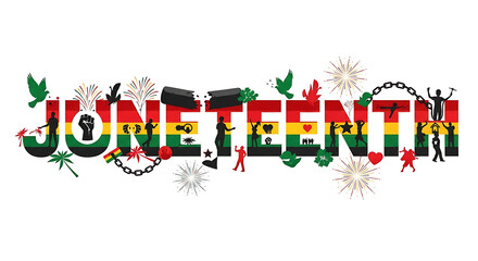 Juneteenth freedom day lettering with silhouettes isolated on white background