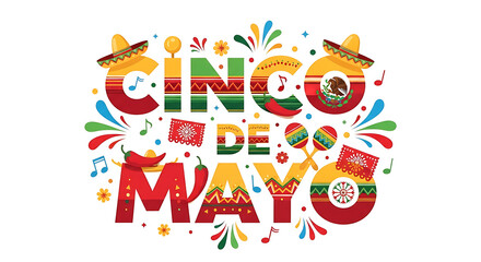 Cinco de mayo text decorated with mexican elements isolated on white background