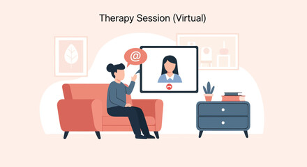 Woman attends virtual therapy session from her living room, discussing her feelings with a therapist on a video call, seeking mental wellness and support.