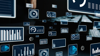 Explore a high-tech interface showcasing various data visualizations, including graphs and charts, representing analytics in a modern digital environment. Xenic