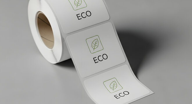 Eco-friendly product label roll with green leaf icon and 'ECO' text for sustainable branding