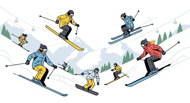 Skiers and snowboarder descend a snowy mountain landscape with ski lifts and trees