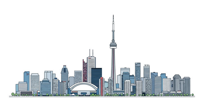 Toronto skyline buildings CN Tower stadium  cityscape against white background