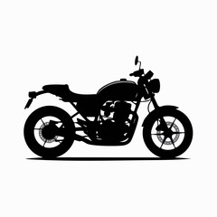 Black silhouette of a classic cafe racer motorcycle in side profile on a clean white background.