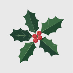 Vibrant illustration of a holly sprig with five green leaves and bright red berries, a classic symbol of Christmas and winter holidays.