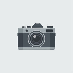 Flat design illustration of a vintage analog camera with a lens, centered on a light grey background.