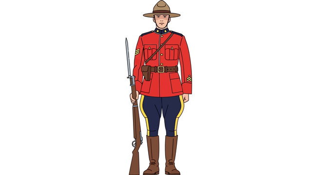 A Mountie stands holding a rifle in traditional uniform