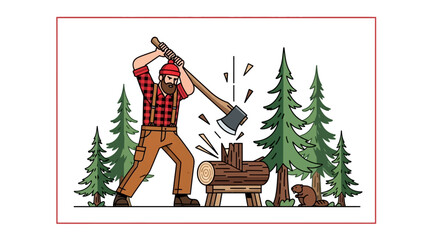 Cartoon lumberjack swings axe at wood surrounded by trees and a beaver in a forest scene
