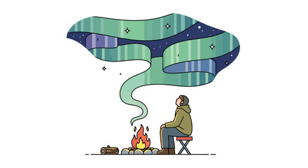 Person sits by fire gazing at the northern lightsaurora borealis