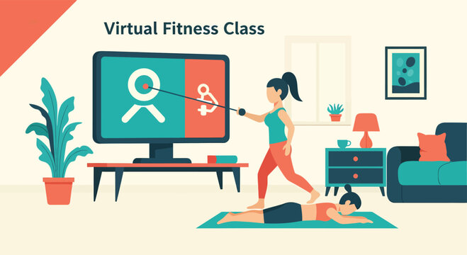 Woman leads virtual fitness class with online instruction, demonstrating exercise on partner in living room, promoting wellness and modern lifestyle.